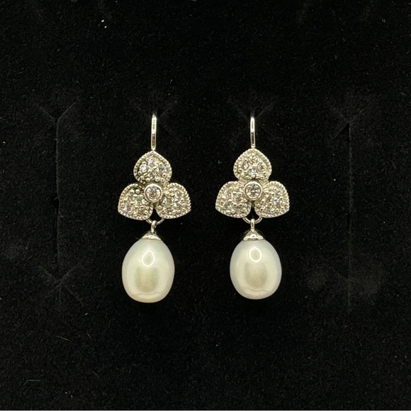 Esposito Diamonique Sterling Silver Cultured Pearl Earrings Dangle CZ Flower - Picture 7 of 8